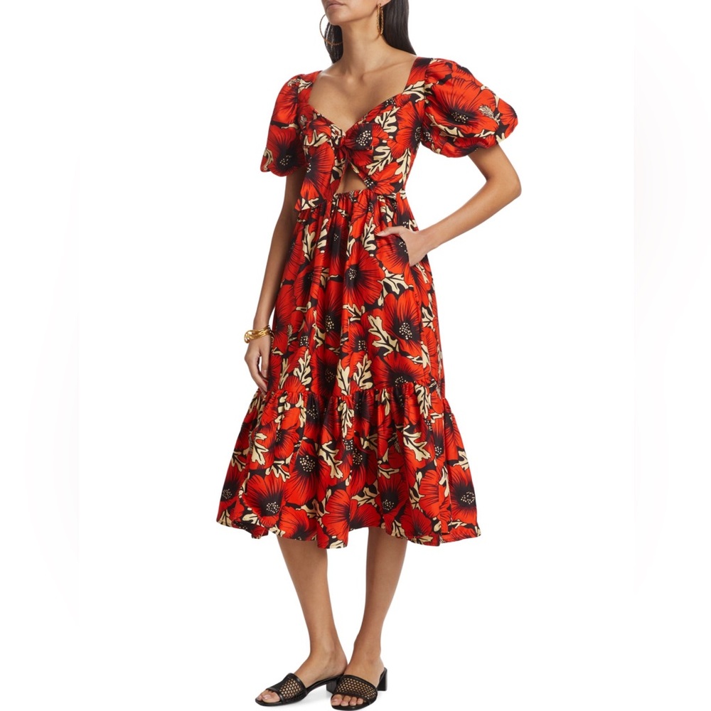 Red Floral Tie-Front Puff-Sleeve Midi Dress with Cutout